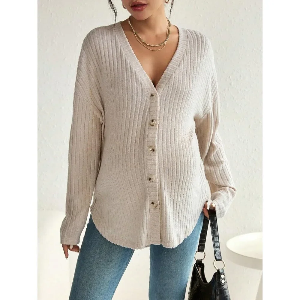 Women's Maternity Long Sleeve Ribbed Knit Button Down V Neck Fall Top Small